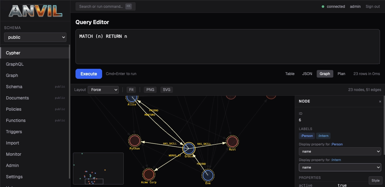 Hammer - the Anvil DB management UI, showing the Cypher query editor and graph visualization